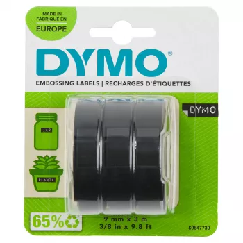 DYMO Original-Prägeband | 9 mm x 3 m Rollen | Weiße Schrift auf Schwarz | Selbstklebend | für Prägegeräte | 3 Stück