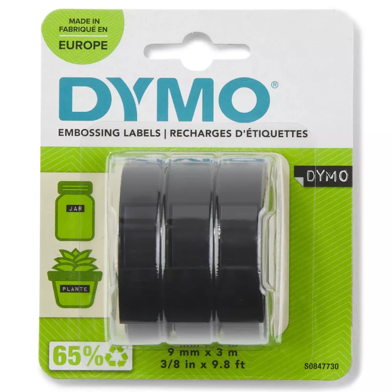 DYMO Original-Prägeband | 9 mm x 3 m Rollen | Weiße Schrift auf Schwarz | Selbstklebend | für Prägegeräte | 3 Stück