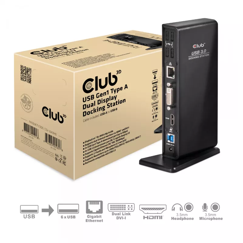 CLUB3D USB Gen1 Type A Dual Display (HDMI und DVI) DisplayLink™ Dockingstation