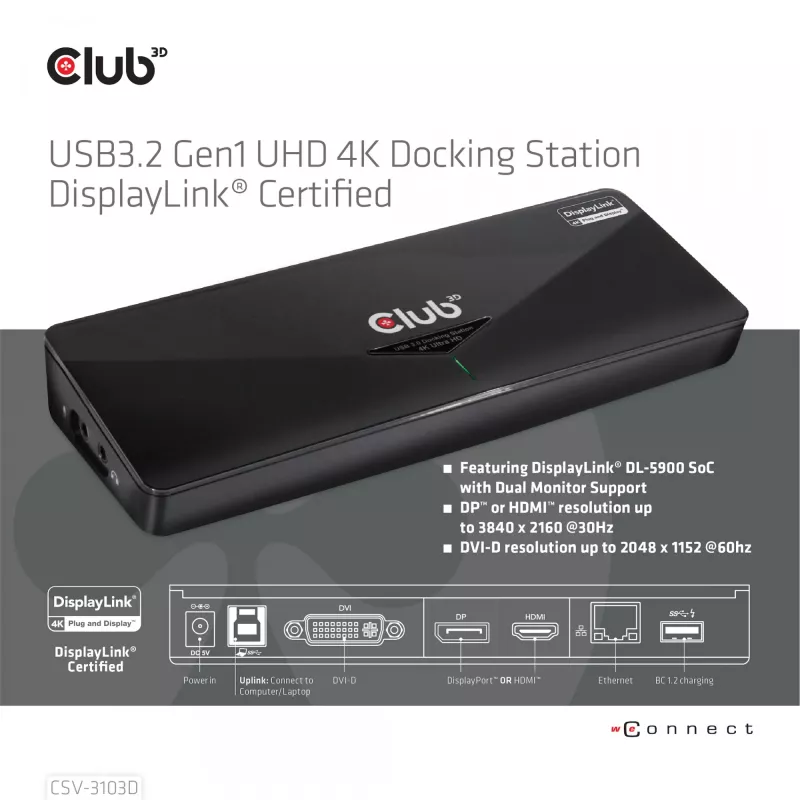 CLUB3D CSV-3103D The Club 3D Universal USB 3.1 Gen 1 UHD 4K Dockingstation DisplayLink™