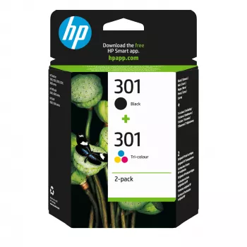 HP 301 2er-Pack Schwarz/Dreifarbig Original Tintenpatronen, Schwarz, Cyan, Magenta, Gelb, Pigmenttinte, 2 Stück, 170 Seiten