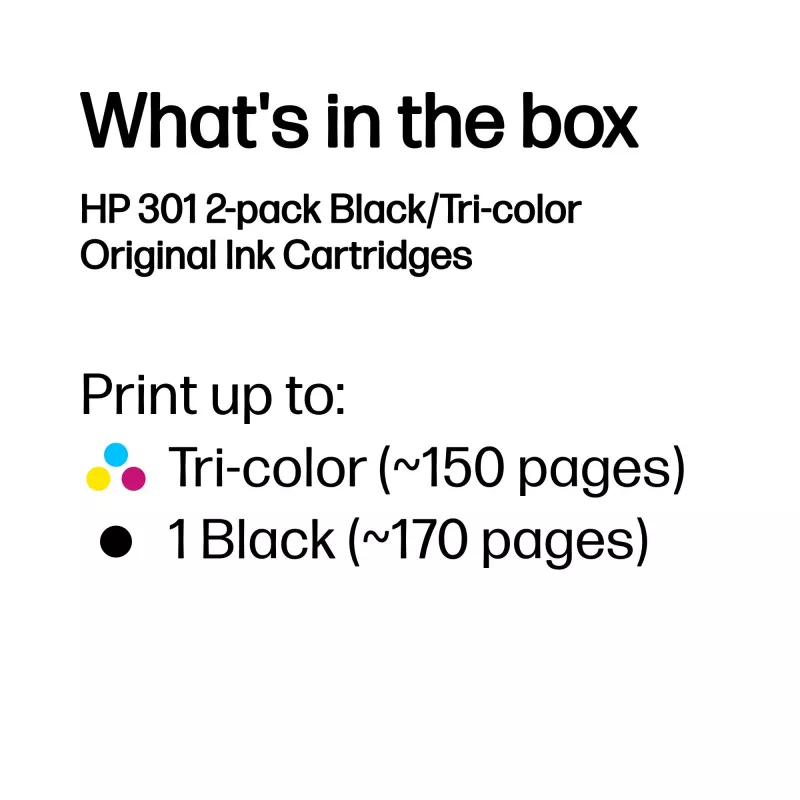 HP 301 2er-Pack Schwarz/Dreifarbig Original Tintenpatronen, Schwarz, Cyan, Magenta, Gelb, Pigmenttinte, 2 Stück, 170 Seiten