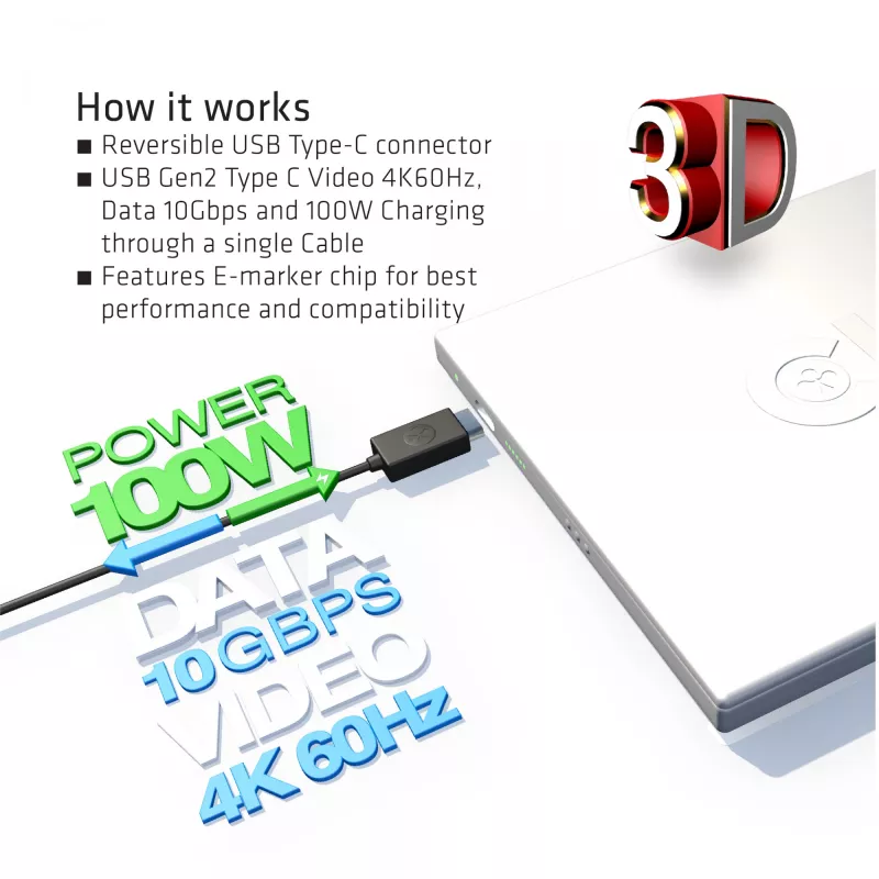 CLUB3D USB Gen2 Typ C Video 4K60Hz, Daten 10Gbit/s und 100W Laden 1Meter M/F