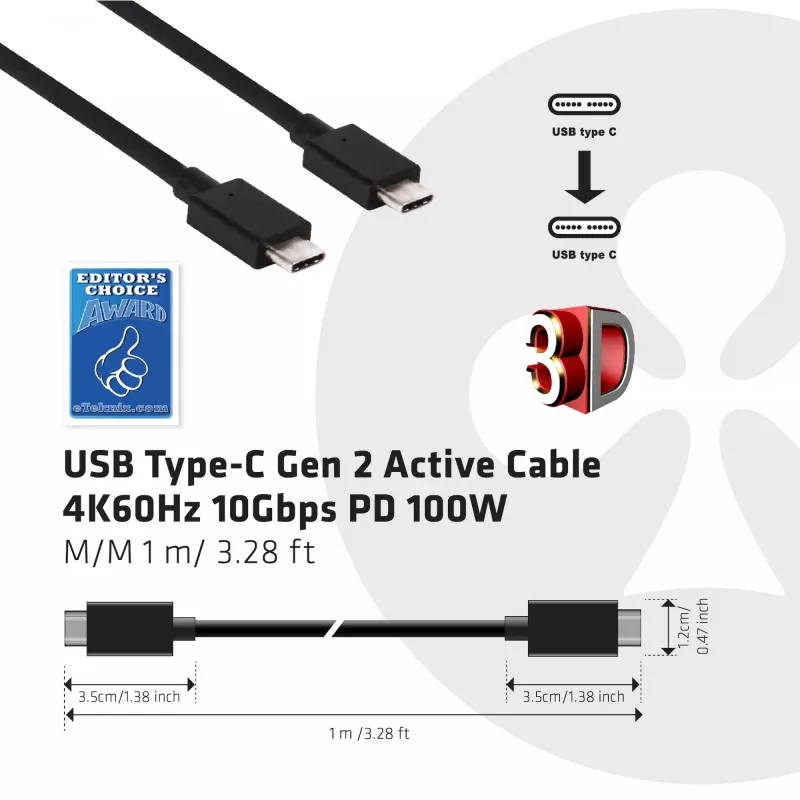 CLUB3D USB Gen2 Typ C Video 4K60Hz, Daten 10Gbit/s und 100W Laden 1Meter M/F