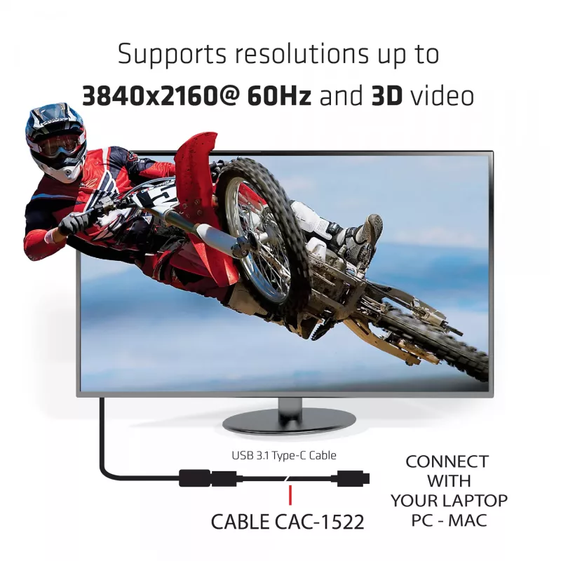 CLUB3D USB Gen2 Typ C Video 4K60Hz, Daten 10Gbit/s und 100W Laden 1Meter M/F