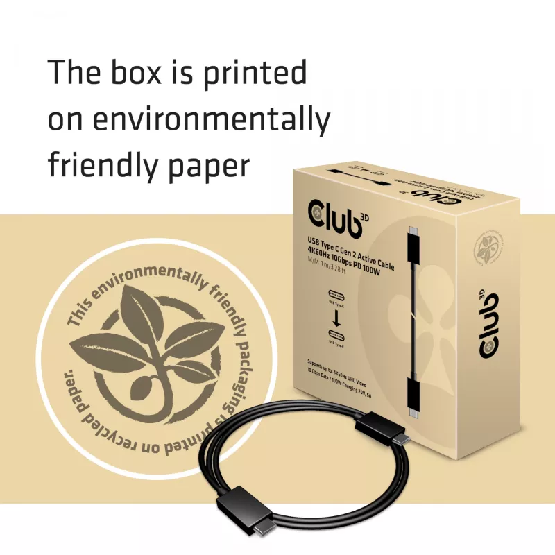 CLUB3D USB Gen2 Typ C Video 4K60Hz, Daten 10Gbit/s und 100W Laden 1Meter M/F