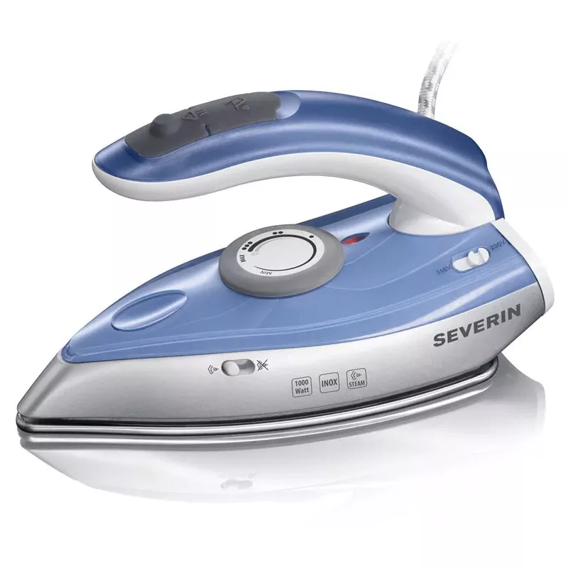 Trocken- und Dampfbügeleisen SEVERIN BA 3234, 1000 W, Edelstahlsohle, 0,05 l Wassertank, Doppelspannung, Vertikaldampf, blau/silber