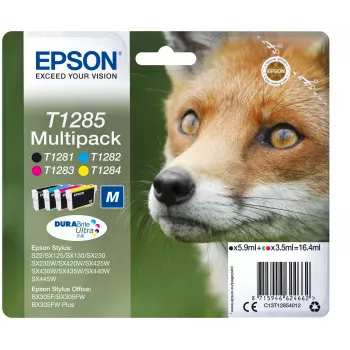 Epson Fox Multipack 4-Farben T1285 DURABrite Ultra Tinte, Schwarz, Cyan, Magenta, Gelb, 5,9 ml, 3,5 ml, 1 Stück, Multipack