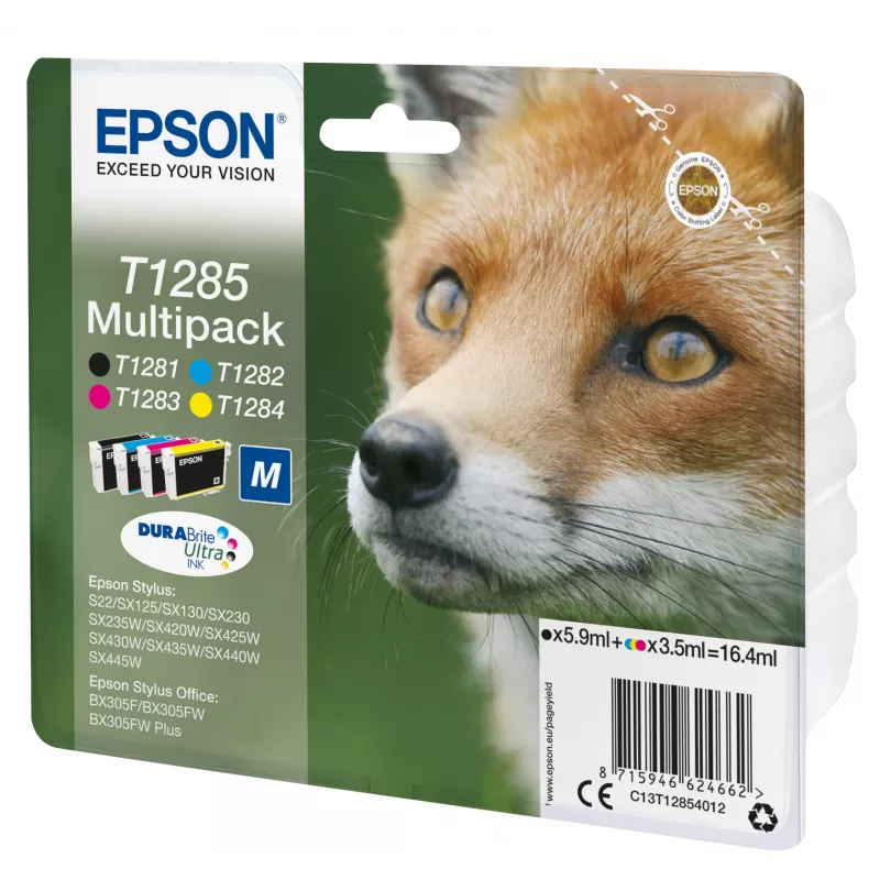 Epson Fox Multipack 4-Farben T1285 DURABrite Ultra Tinte, Schwarz, Cyan, Magenta, Gelb, 5,9 ml, 3,5 ml, 1 Stück, Multipack