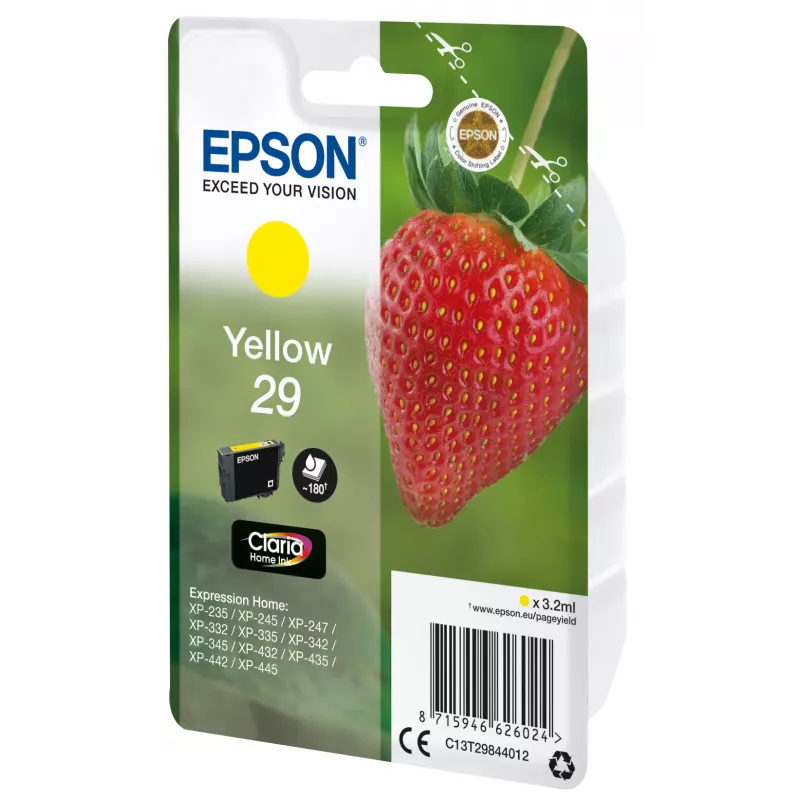 Epson Strawberry Einzelpack Gelb 29 Claria Home Ink, Standardreichweite, gelb, pigmentbasierte Tinte, 3.2 ml, 1 Stk., 180 Seiten