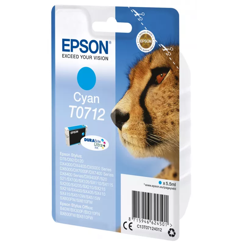 Epson Singlepack Cyan T0712 DURABrite Ultra Tinte, Standardreichweite, Cyan, 5.5 ml, 1 Stk.