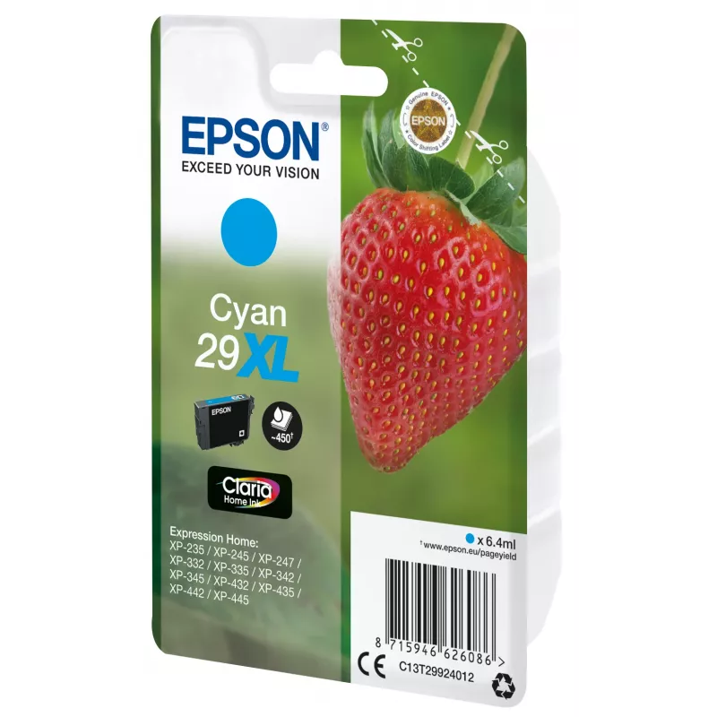 Epson Strawberry Singlepack Cyan 29XL Claria Home Ink, hohe (XL) Reichweite, Cyan, 6.4 ml, 1 St., 450 Seiten