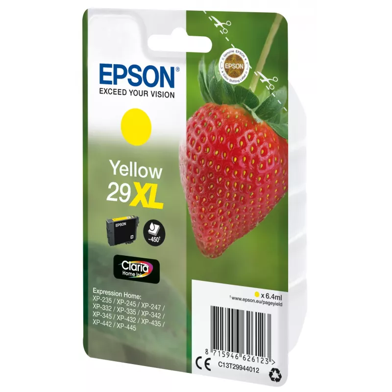 Epson Strawberry Einzelpackung Gelb 29XL Claria Home Tinte, Hohe (XL) Reichweite, Gelb, Pigmenttinte, 6,4 ml, 1 Stück, 450 Seiten