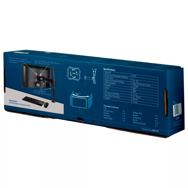 ARCTIC Z1 Basic - Tischhalterung Monitorarm, Klemme, 8 kg, 33 cm (13 Zoll), 81,3 cm (32 Zoll), 100 x 100 mm, Schwarz
