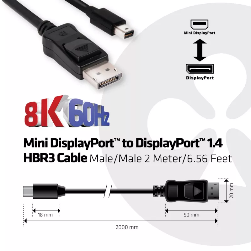 CLUB3D Mini DisplayPort auf DisplayPort 1.4 HBR3 8K60Hz Kabel, 2 Meter / 6,56 Fuß