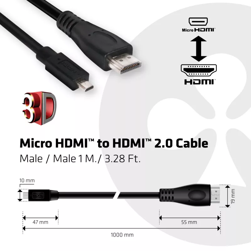 CLUB3D Micro HDMI™ auf HDMI™ 2.0 4K60Hz Kabel 1M / 3,28Ft