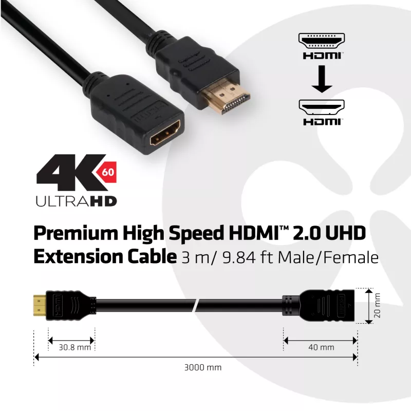 CLUB3D High Speed HDMI™ 2.0 4K60Hz Verlängerungskabel 3m/ 9,8ft Stecker/Buchse