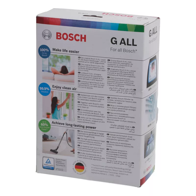 Staubsaugerzubehör Bosch BBZ 41FGALL — 4 Staubbeutel und 1 Filter, Gewicht 0,14 kg, kompakte Verpackung