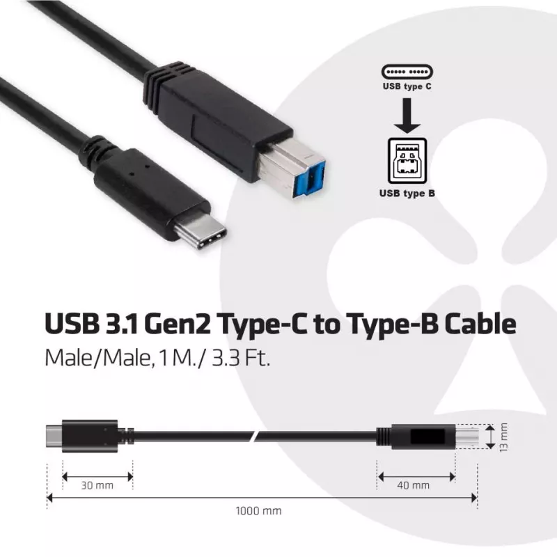 CLUB3D USB 3.1 Gen2 Type-C auf Type-B Kabel männlich/männlich, 1 M./ 3.3 Ft.