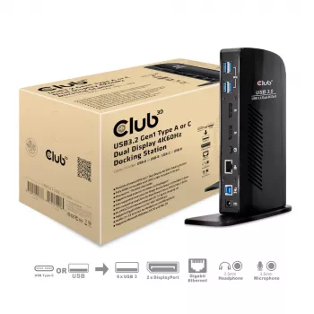 CLUB3D USB3.2 Gen1 Typ A oder C Dual Display 4K60Hz Docking Station DisplayLink® zertifiziert