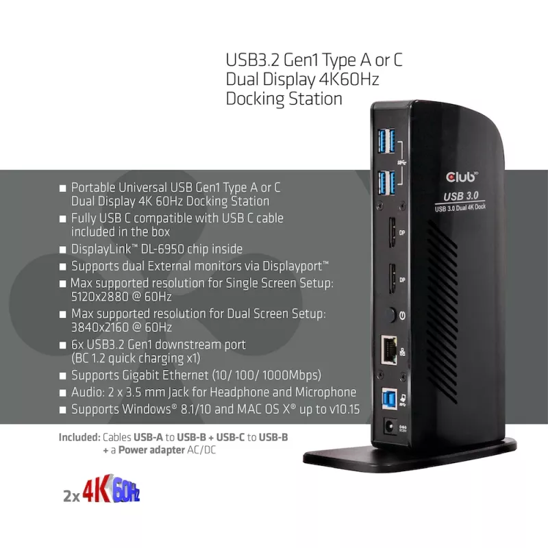 CLUB3D USB3.2 Gen1 Typ A oder C Dual Display 4K60Hz Docking Station DisplayLink® zertifiziert
