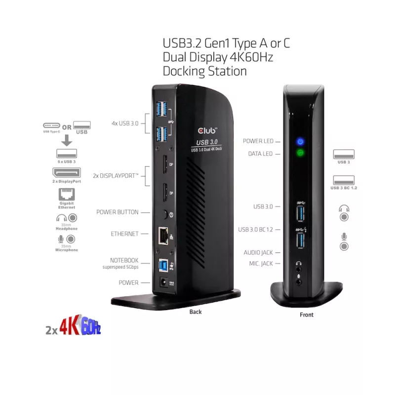 CLUB3D USB3.2 Gen1 Typ A oder C Dual Display 4K60Hz Docking Station DisplayLink® zertifiziert