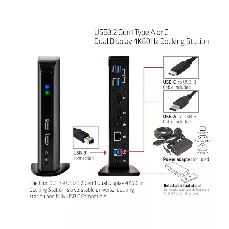 CLUB3D USB3.2 Gen1 Typ A oder C Dual Display 4K60Hz Docking Station DisplayLink® zertifiziert