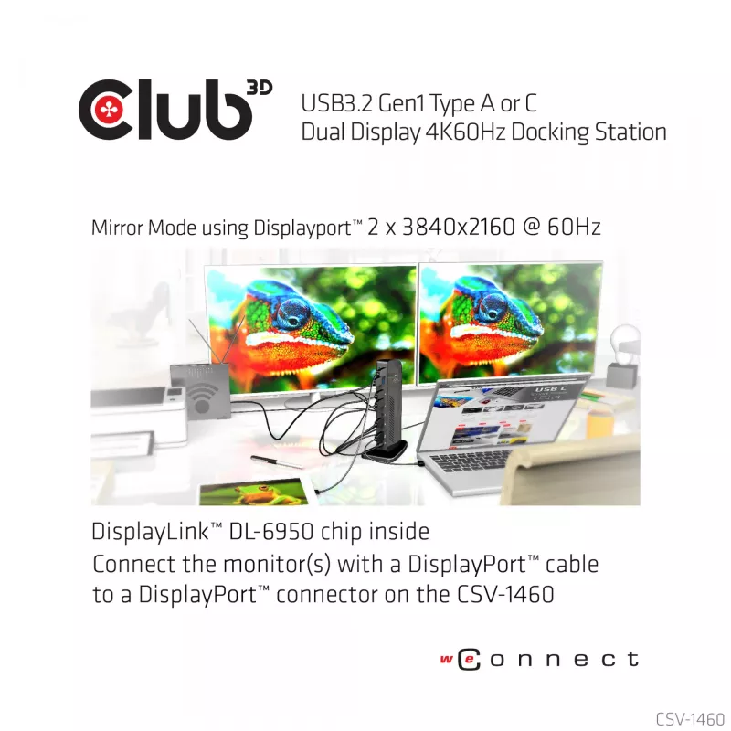 CLUB3D USB3.2 Gen1 Typ A oder C Dual Display 4K60Hz Docking Station DisplayLink® zertifiziert