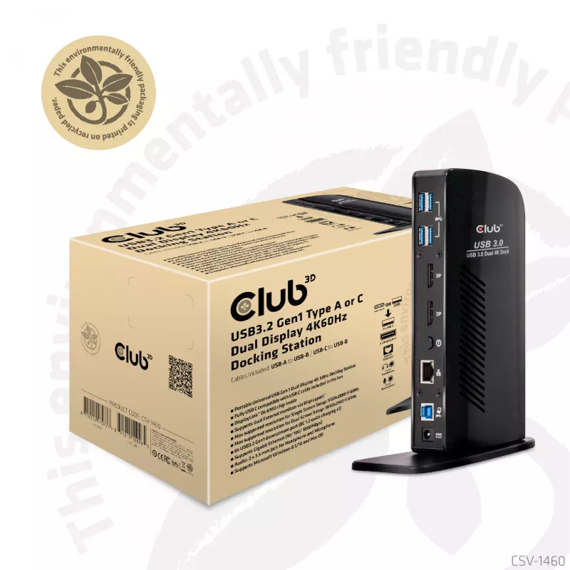 CLUB3D USB3.2 Gen1 Typ A oder C Dual Display 4K60Hz Docking Station DisplayLink® zertifiziert