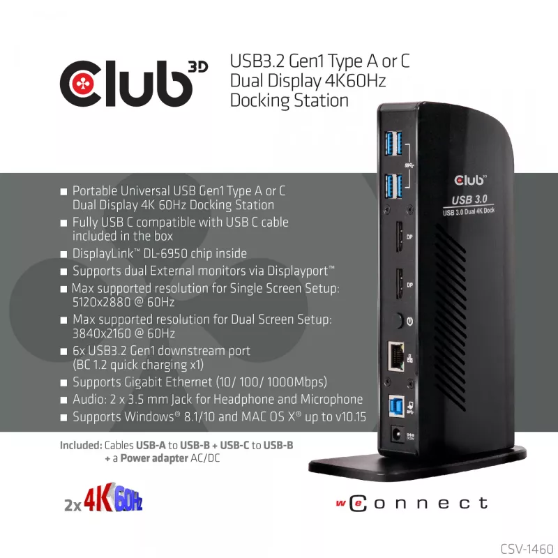 CLUB3D USB3.2 Gen1 Typ A oder C Dual Display 4K60Hz Docking Station DisplayLink® zertifiziert