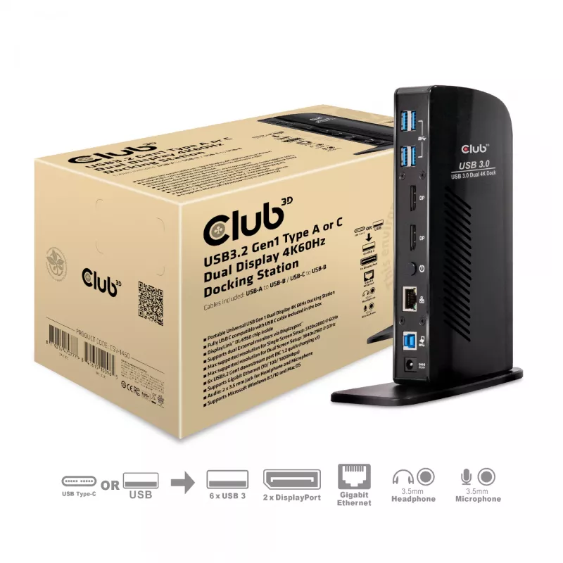 CLUB3D USB3.2 Gen1 Typ A oder C Dual Display 4K60Hz Docking Station DisplayLink® zertifiziert