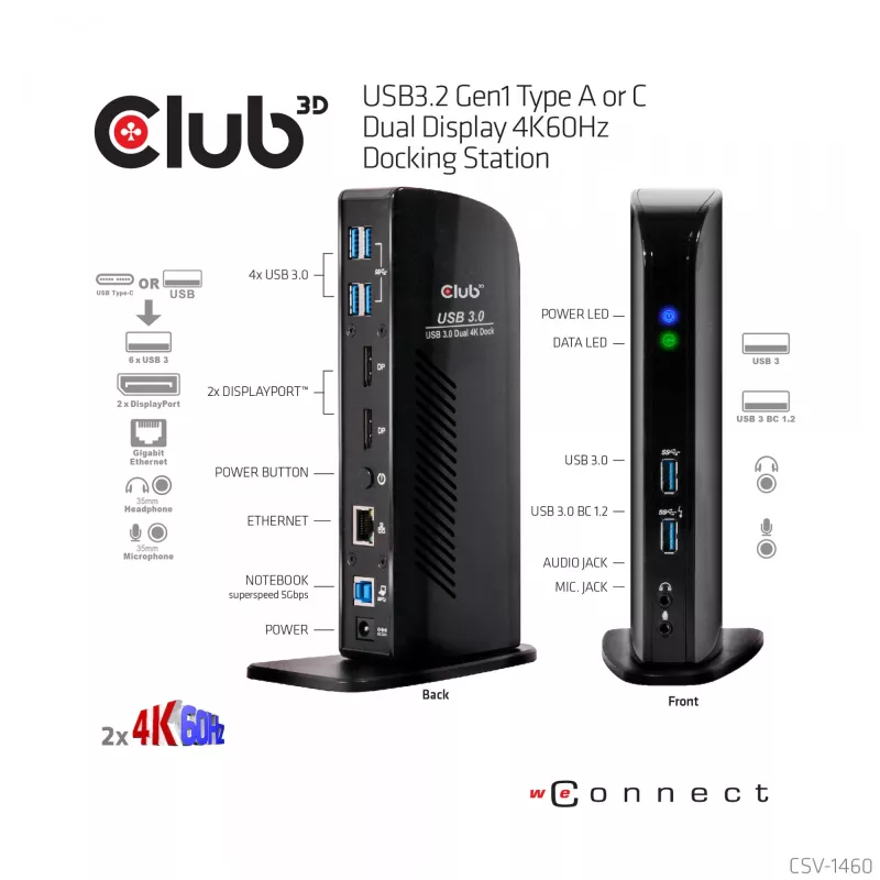 CLUB3D USB3.2 Gen1 Typ A oder C Dual Display 4K60Hz Docking Station DisplayLink® zertifiziert