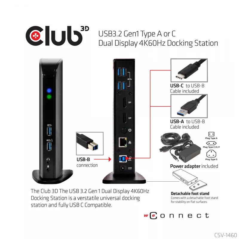 CLUB3D USB3.2 Gen1 Typ A oder C Dual Display 4K60Hz Docking Station DisplayLink® zertifiziert