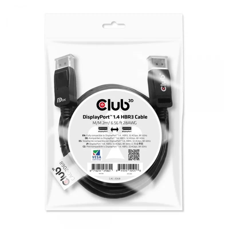 CLUB3D DisplayPort 1.4 HBR3 Kabel 2m/6.56ft M/M 8K60Hz