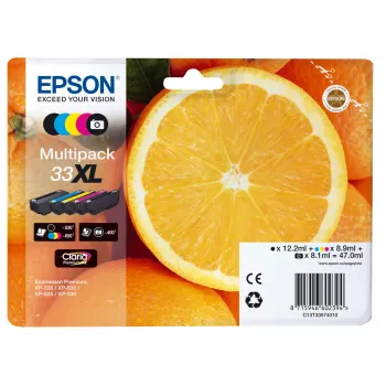 Epson Oranges Multipack 5 Farben 33XL Claria Premium Tinte, hohe (XL) Reichweite, Schwarz, Foto-Schwarz, Cyan, Magenta, Gelb, pigmentbasierte Tinte, farbstoffbasierte Tinte, 12.2 ml, 8.9 ml