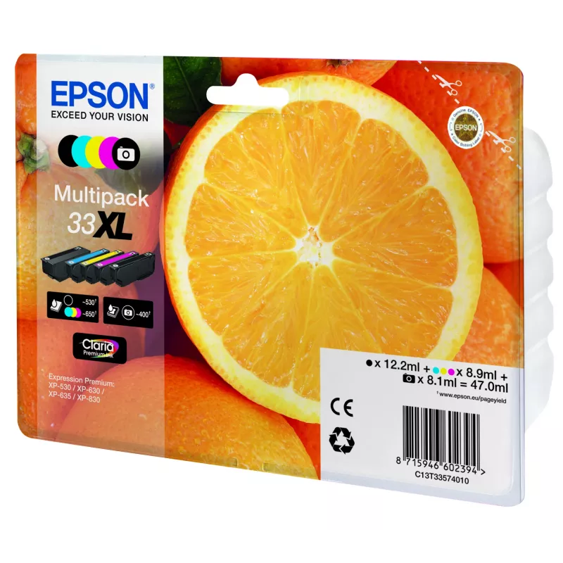 Epson Oranges Multipack 5 Farben 33XL Claria Premium Tinte, hohe (XL) Reichweite, Schwarz, Foto-Schwarz, Cyan, Magenta, Gelb, pigmentbasierte Tinte, farbstoffbasierte Tinte, 12.2 ml, 8.9 ml