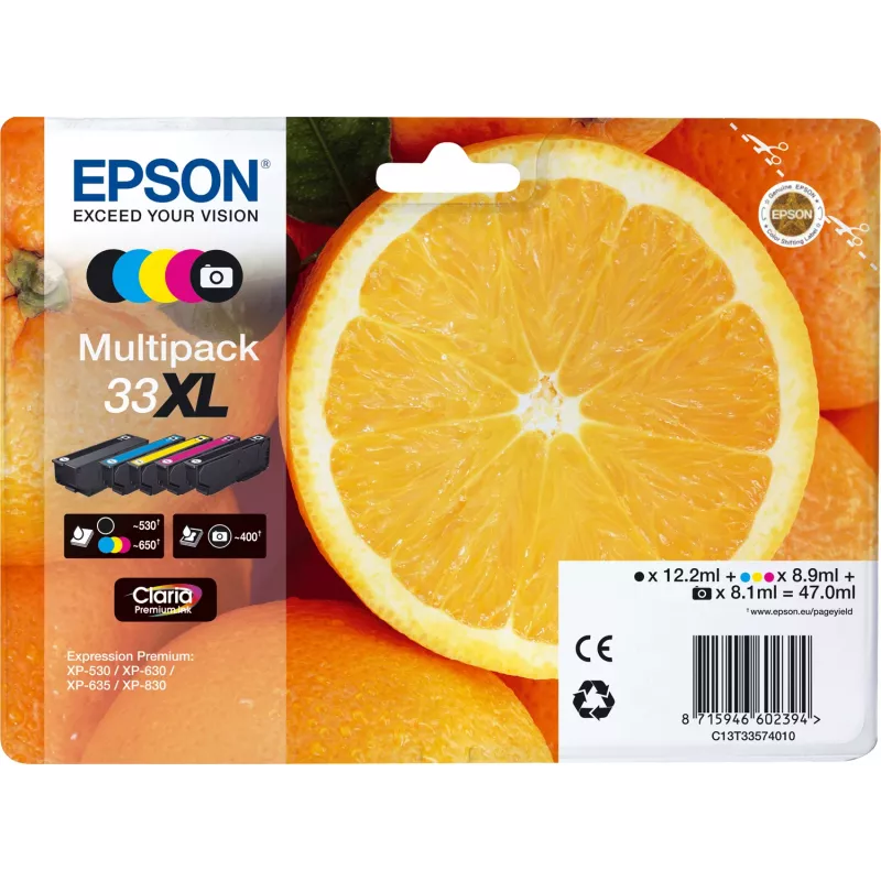 Epson Oranges Multipack 5 Farben 33XL Claria Premium Tinte, hohe (XL) Reichweite, Schwarz, Foto-Schwarz, Cyan, Magenta, Gelb, pigmentbasierte Tinte, farbstoffbasierte Tinte, 12.2 ml, 8.9 ml