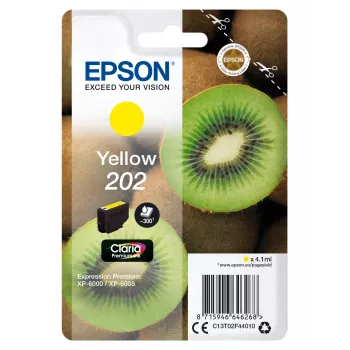 Epson Kiwi Einzelpack Gelb 202 Claria Premium Ink, Standard-Reichweite, Gelb, pigmentbasierte Tinte, 4,1 ml, 1 Stk., 300 Seiten