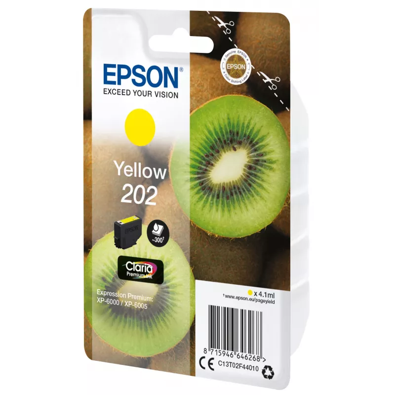Epson Kiwi Einzelpack Gelb 202 Claria Premium Ink, Standard-Reichweite, Gelb, pigmentbasierte Tinte, 4,1 ml, 1 Stk., 300 Seiten