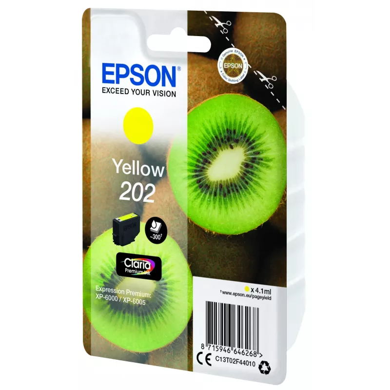 Epson Kiwi Einzelpack Gelb 202 Claria Premium Ink, Standard-Reichweite, Gelb, pigmentbasierte Tinte, 4,1 ml, 1 Stk., 300 Seiten