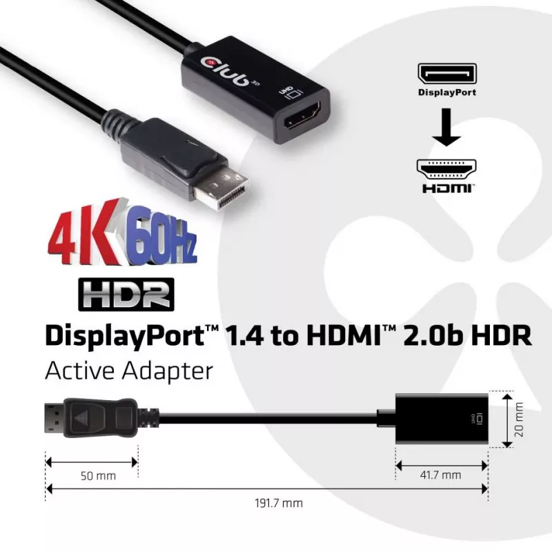 Aktiver Adapter DisplayPort 1.4 auf HDMI 2.0b CLUB3D CAC-1080