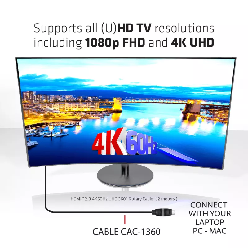 CLUB3D HDMI 2.0 4K60Hz UHD 360-Grad-Drehkabel 2m/6,74ft
