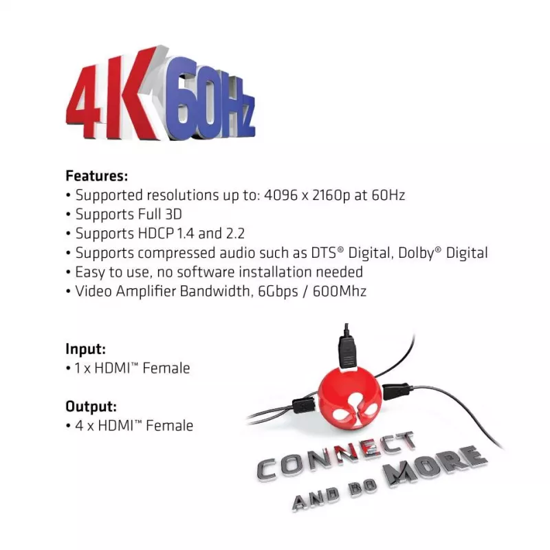 CLUB3D HDMI™ 4K@60Hz UHD Splitter AC Power 4 Ports