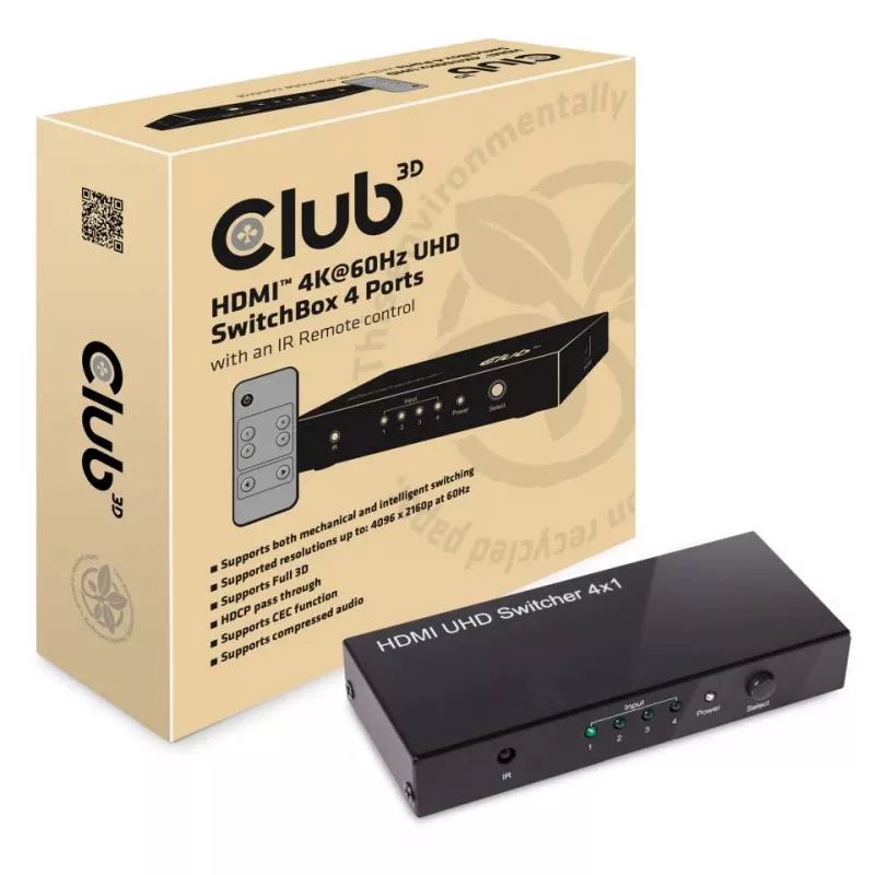 CLUB3D HDMI™ 2.0 UHD 4K60Hz SwitchBox 4 Ports mit IR-Fernbedienung