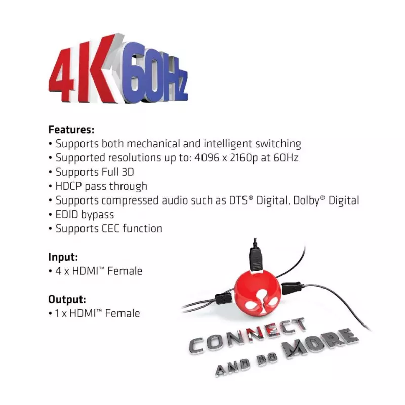 CLUB3D HDMI™ 2.0 UHD 4K60Hz SwitchBox 4 Ports mit IR-Fernbedienung