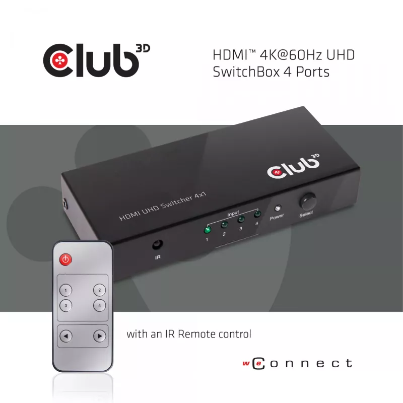 CLUB3D HDMI™ 2.0 UHD 4K60Hz SwitchBox 4 Ports mit IR-Fernbedienung