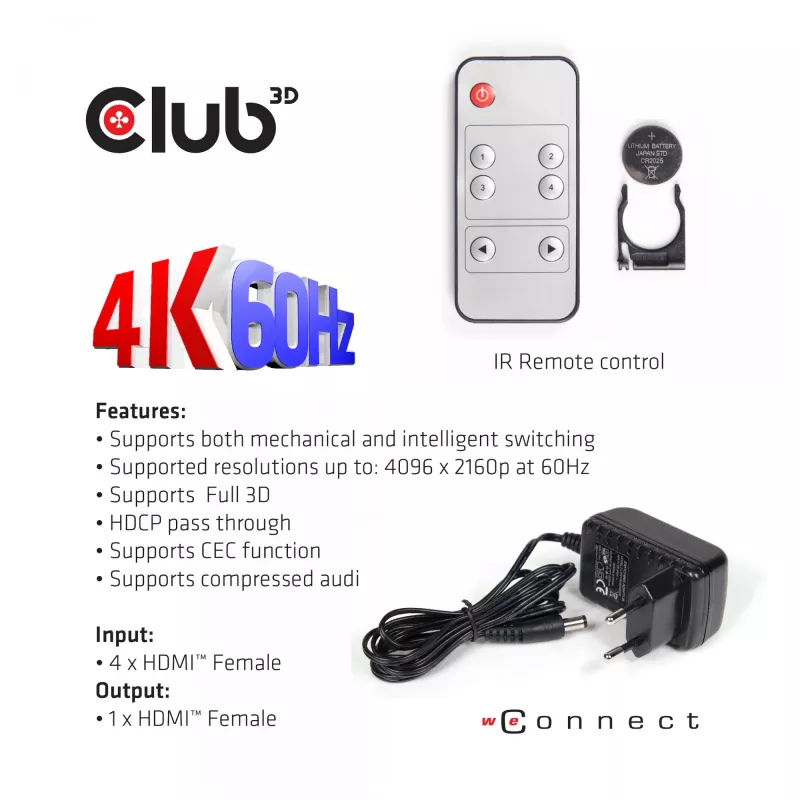 CLUB3D HDMI™ 2.0 UHD 4K60Hz SwitchBox 4 Ports mit IR-Fernbedienung