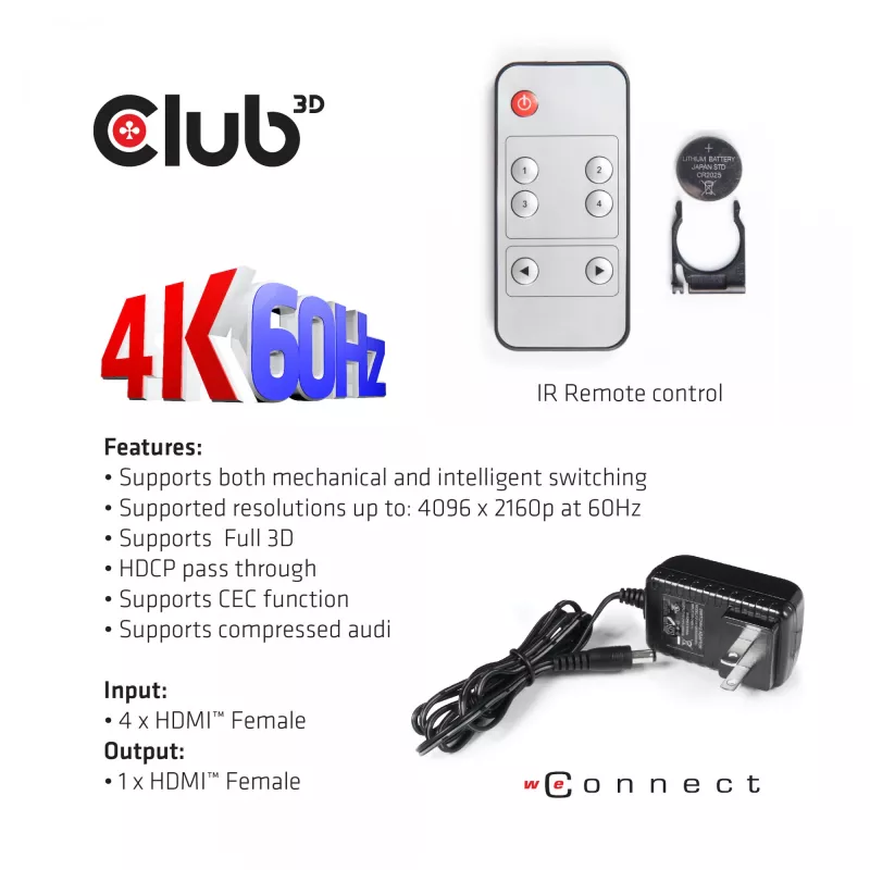 CLUB3D HDMI™ 2.0 UHD 4K60Hz SwitchBox 4 Ports mit IR-Fernbedienung