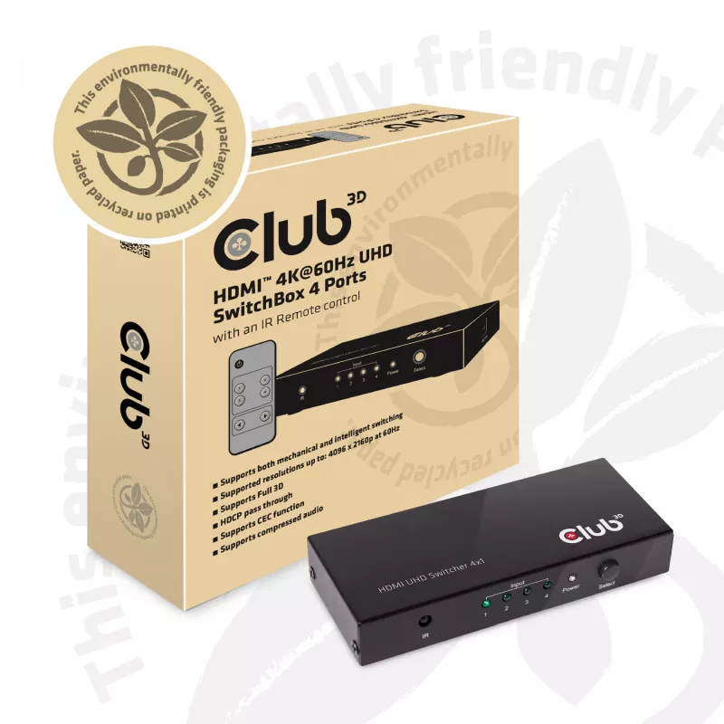 CLUB3D HDMI™ 2.0 UHD 4K60Hz SwitchBox 4 Ports mit IR-Fernbedienung