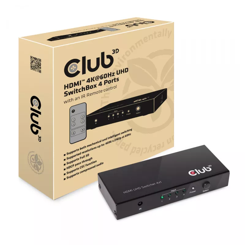CLUB3D HDMI™ 2.0 UHD 4K60Hz SwitchBox 4 Ports mit IR-Fernbedienung